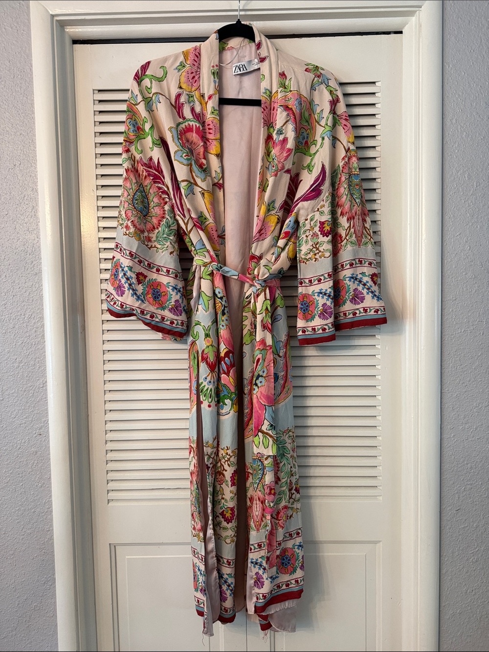 Zara Cream Satin Floral Printed Robe with Pink and Green Accents